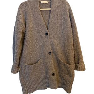 Womens Medium Love Stitch Tan Cardigan Three Button Front Two Front Pockets